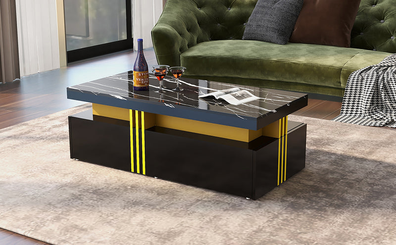 Table basse rectangulaire effet marbre noir brillant avec 2 tiroirs 100*50*40 cm GEVREITS BLACK