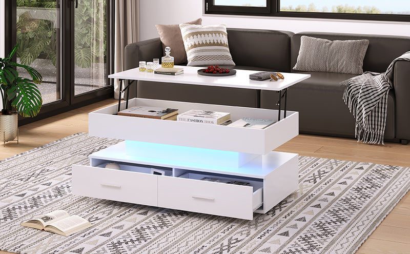 Table basse blanche plateau relevable à hauteur réglable 2 tiroirs et espace de rangement ouvert avec éclairage LED 100*50*44 cm ZAKS WHITE