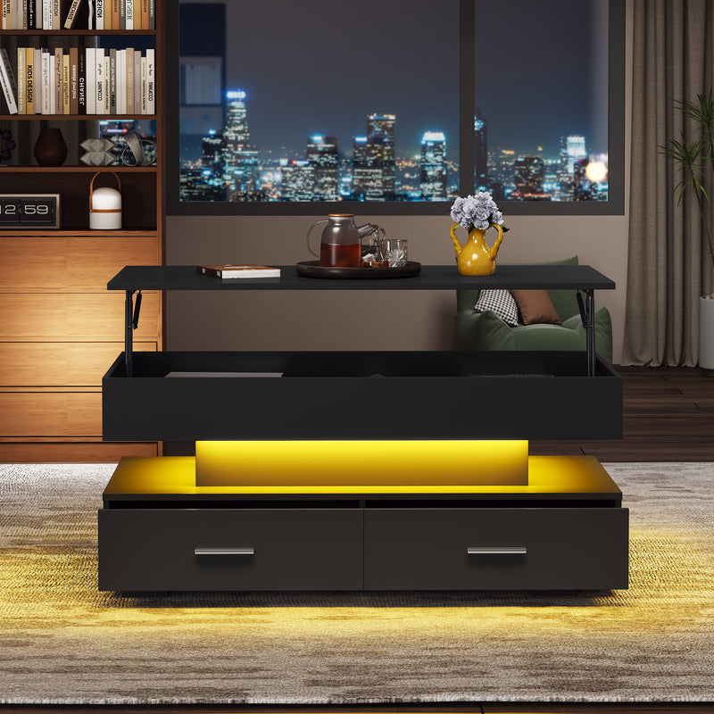 Table basse noir plateau relevable à hauteur réglable 2 tiroirs et espace de rangement ouvert avec éclairage LED 100*50*44 cm ZAKS BLACK