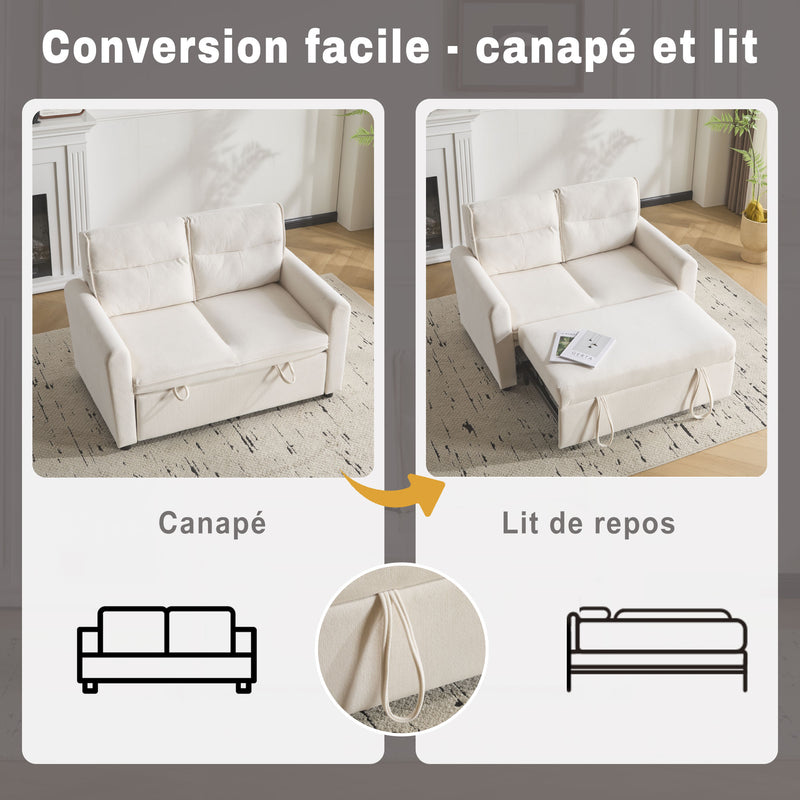 Canapé-lit convertible 2 places velours beige clair, dossier 5 positions RIDGEGLEN