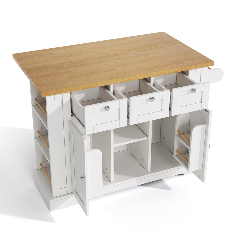 Îlot de cuisine blanc et effet bois avec plateau extensible, rangement et ports USB AMYLOPECT