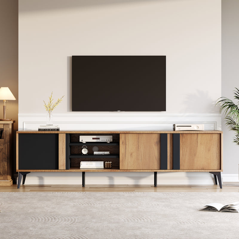 Meuble TV marron rustique effet bois et noir avec porte et compartiment ouvert ICAN