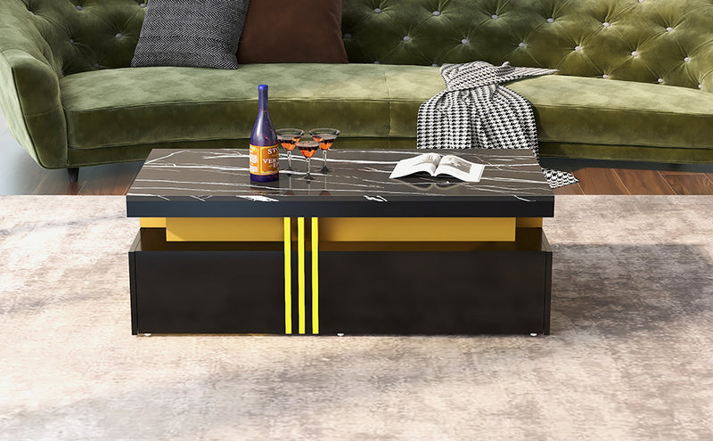 Table basse rectangulaire effet marbre noir brillant avec 2 tiroirs 100*50*40 cm GEVREITS BLACK