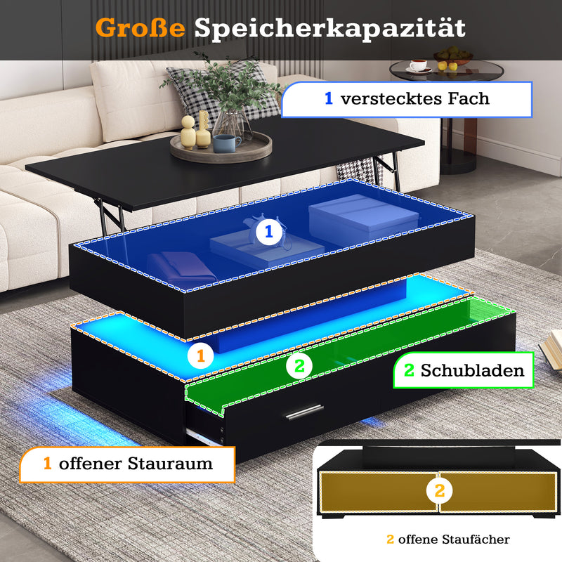 Table basse noir plateau relevable à hauteur réglable 2 tiroirs et espace de rangement ouvert avec éclairage LED 100*50*44 cm ZAKS BLACK