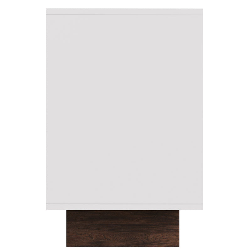 Buffet blanc effet bois façade géométrique en relief 6 tiroirs, porte push-to-pop UMPHU