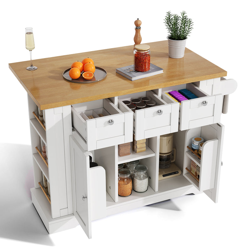 Îlot de cuisine blanc et effet bois avec plateau extensible, rangement et ports USB AMYLOPECT