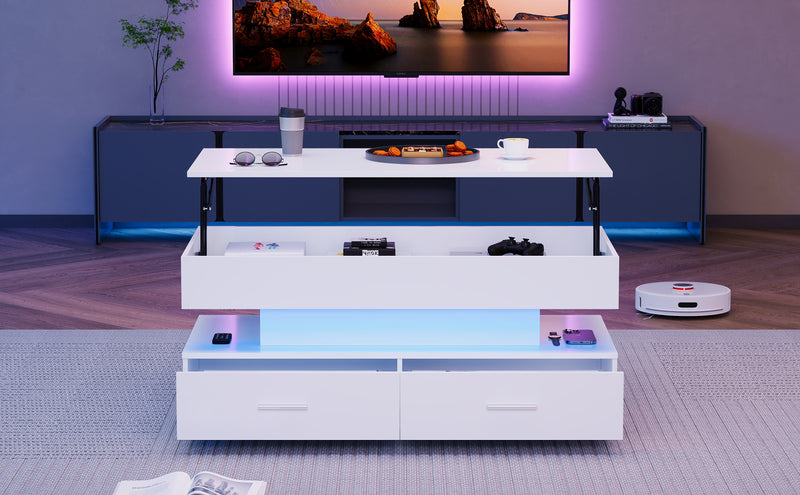 Table basse blanche plateau relevable à hauteur réglable 2 tiroirs et espace de rangement ouvert avec éclairage LED 100*50*44 cm ZAKS WHITE