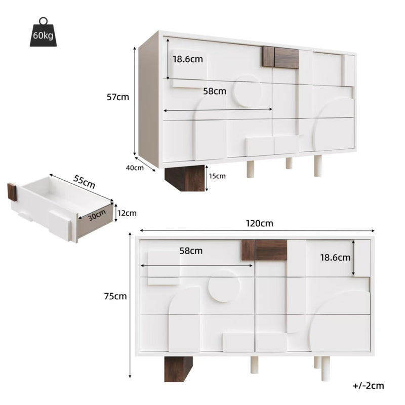 Buffet blanc effet bois façade géométrique en relief 6 tiroirs, porte push-to-pop UMPHU