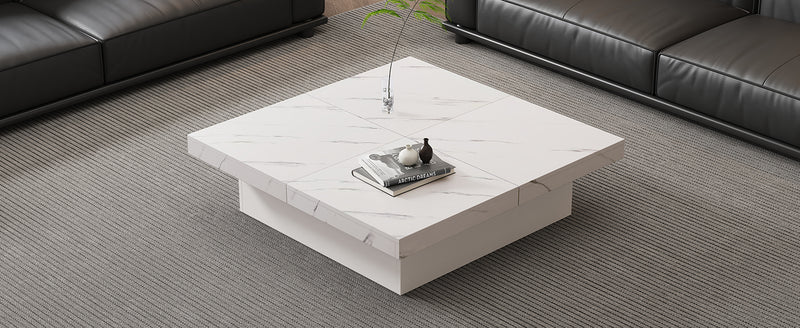 Table basse carrée moderne blanche effet marbre 4 tiroirs plateau coulissant 90x90x25cm Khekried