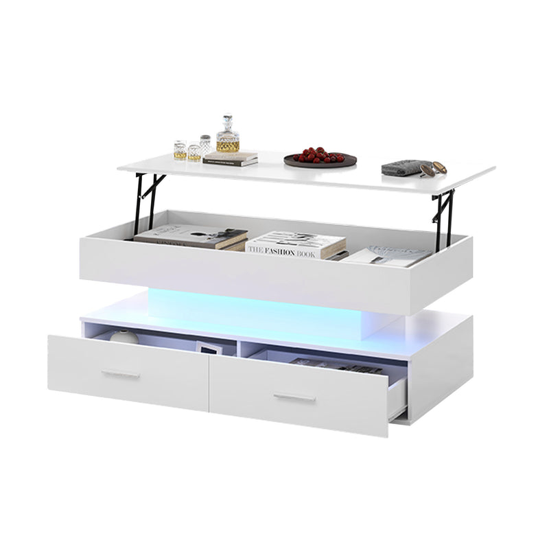 Table basse blanche plateau relevable à hauteur réglable 2 tiroirs et espace de rangement ouvert avec éclairage LED 100*50*44 cm ZAKS WHITE