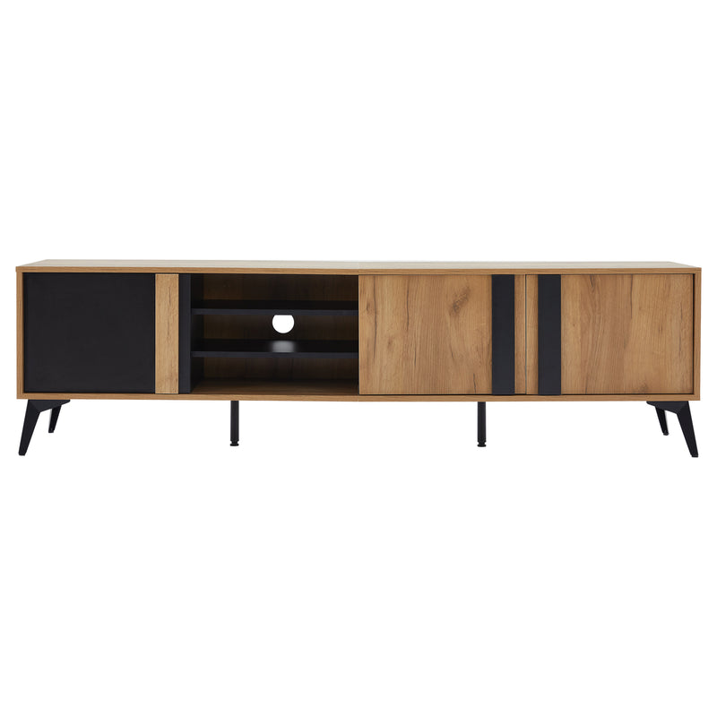 Meuble TV marron rustique effet bois et noir avec porte et compartiment ouvert ICAN