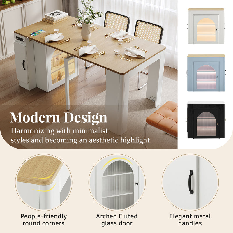 Îlot de cuisine mobile et table à manger extensible avec roulettes, éclairage LED avec prises intégrées (blanc et bois naturel) SALNIED