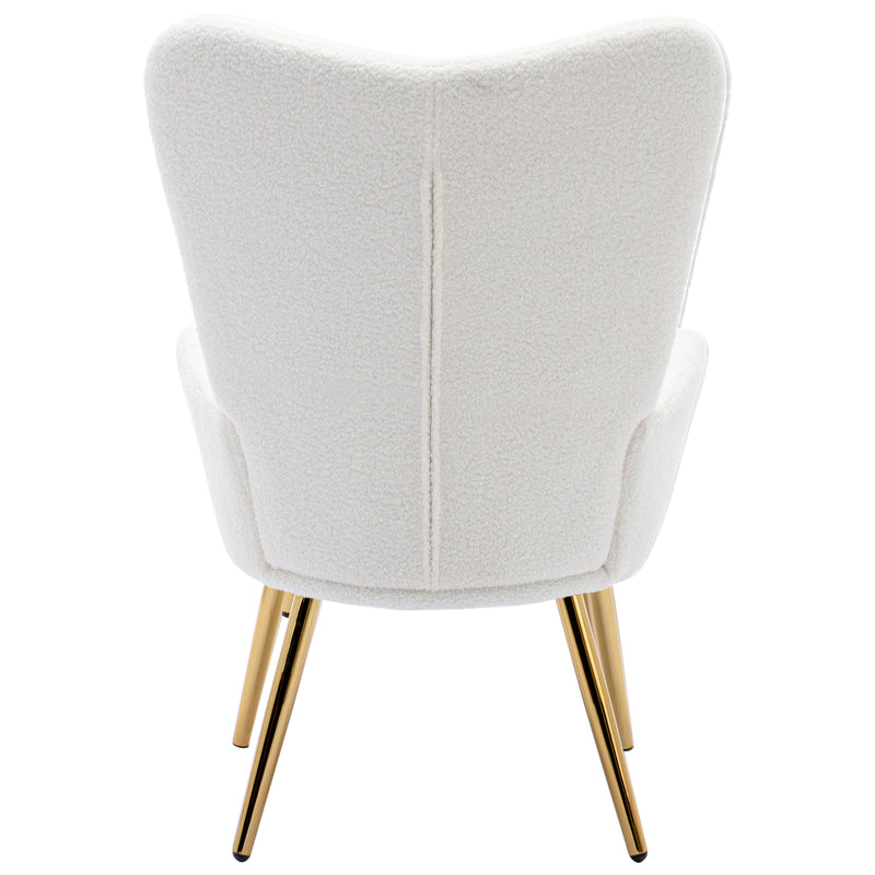 Fauteuil relax tissu Teddy polaire bouclette blanc scandinave repose-pieds assorti pieds dorés SUGEL