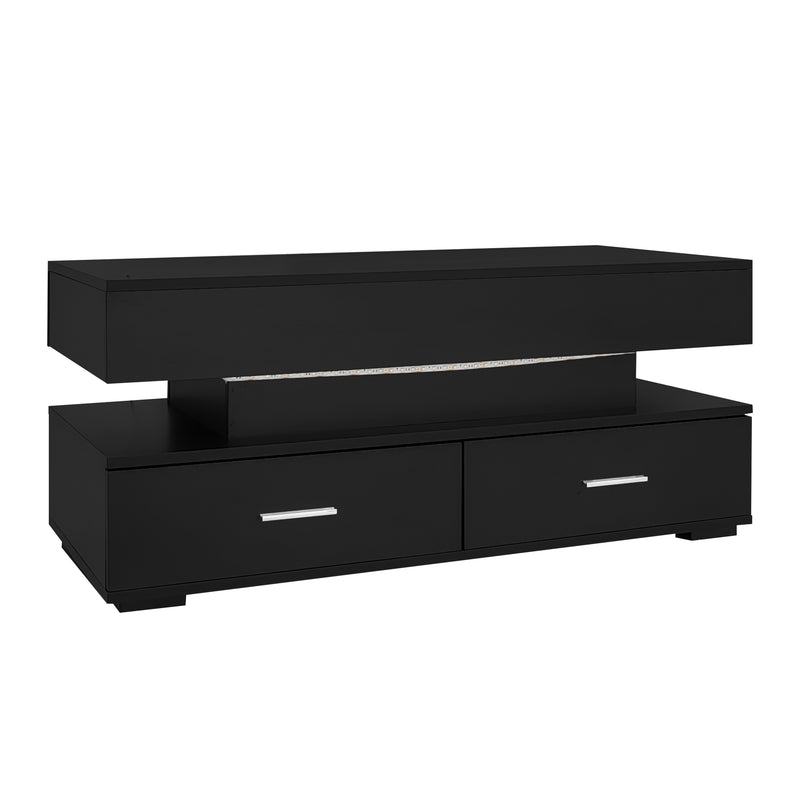 Table basse noir plateau relevable à hauteur réglable 2 tiroirs et espace de rangement ouvert avec éclairage LED 100*50*44 cm ZAKS BLACK