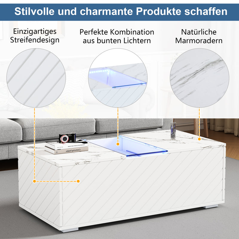 Table basse moderne blanche effet marbre, éclairage LED, élément en verre et 2 tiroirs Kregmots