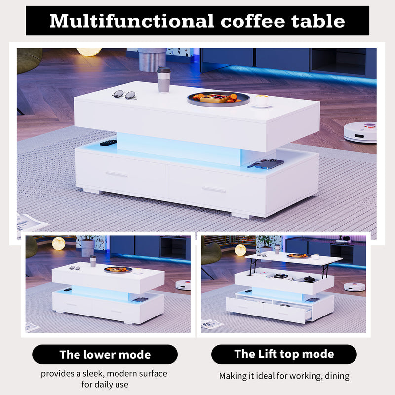 Table basse blanche plateau relevable à hauteur réglable 2 tiroirs et espace de rangement ouvert avec éclairage LED 100*50*44 cm ZAKS WHITE