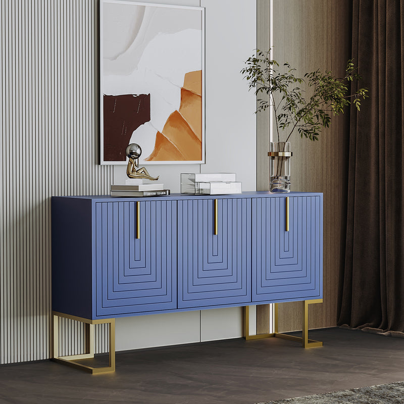 Commode buffet haut avec 3 portes bleu marine motif de forme U H81/B138/T40 CRUUGREN BLUE