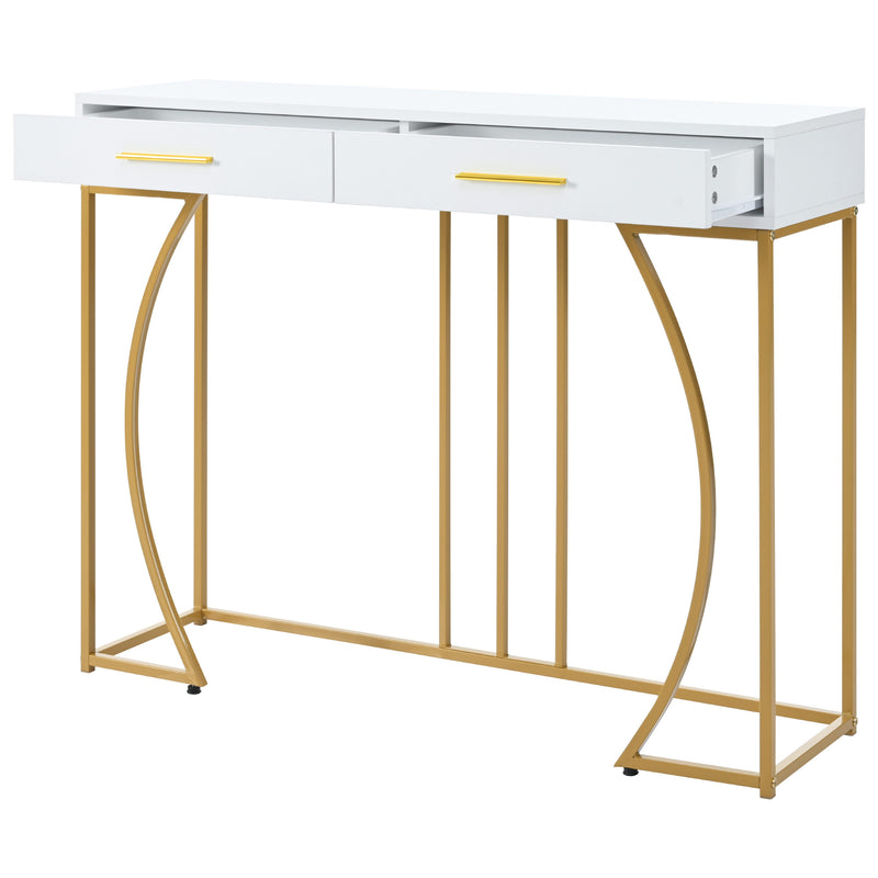 Table console blanche design et structure couleur dorée couloir avec 2 tiroirs 120x38x76cm ANNAN