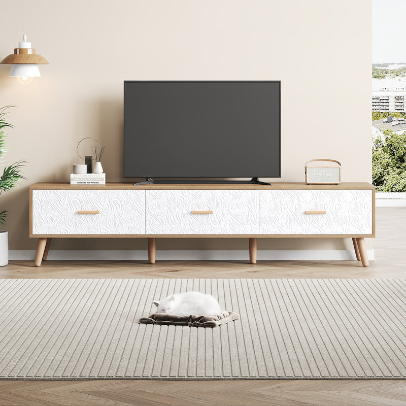 Meuble TV effet bois clair 3 tiroirs et porte blanc avec motif texturé 150x35x39cm ORKUDS