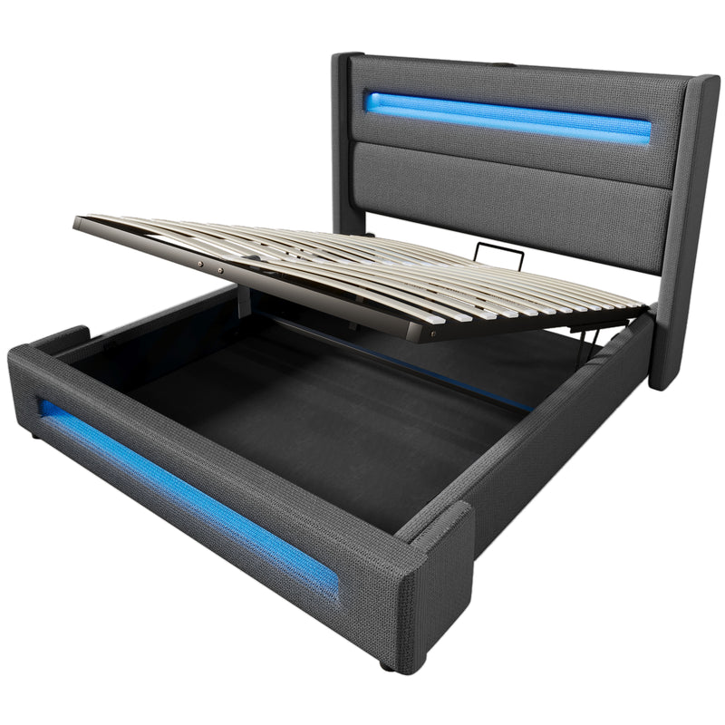 Lit offre queen tissu gris avec éclairage LED et deux prises 160*200cm (matelas non inclus) REDUCE