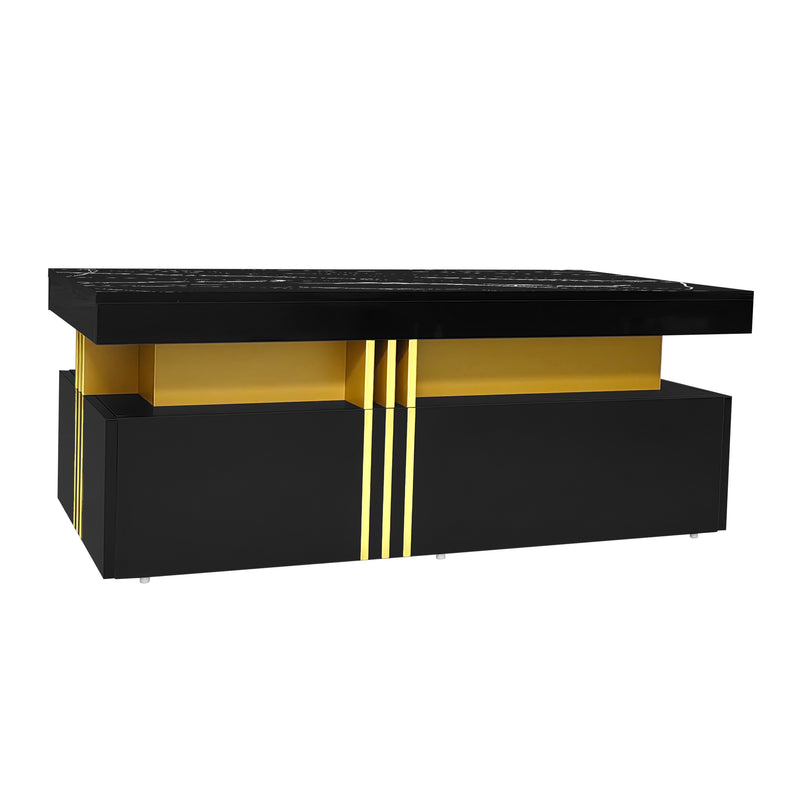 Table basse rectangulaire effet marbre noir brillant avec 2 tiroirs 100*50*40 cm GEVREITS BLACK