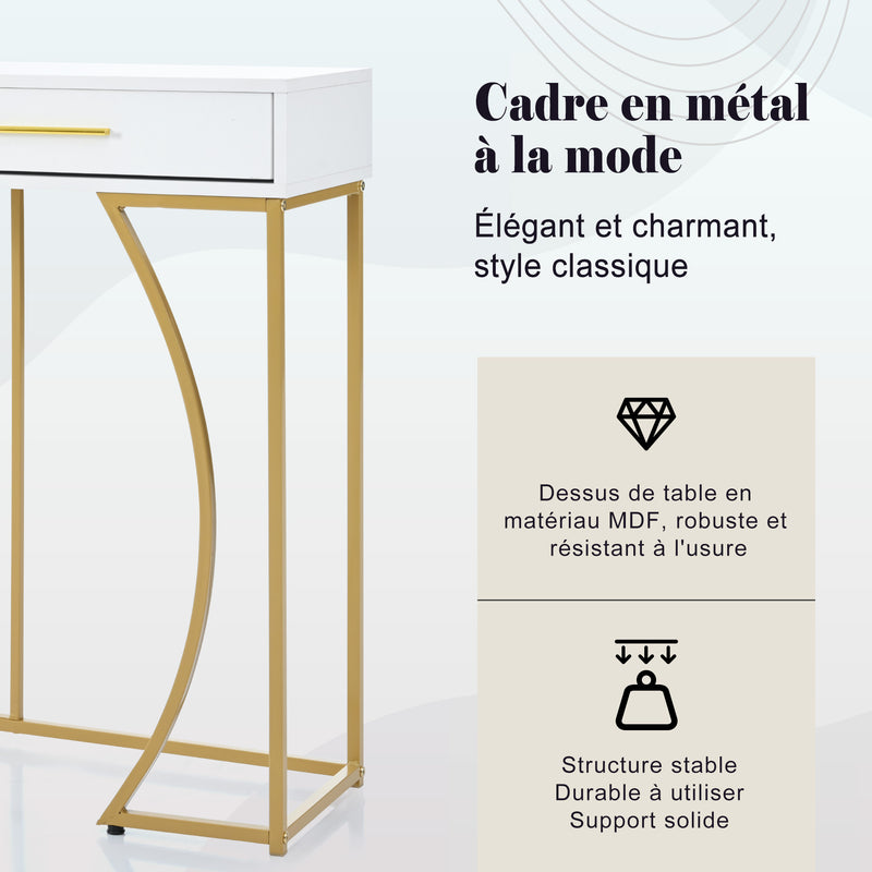 Table console blanche design et structure couleur dorée couloir avec 2 tiroirs 120x38x76cm ANNAN