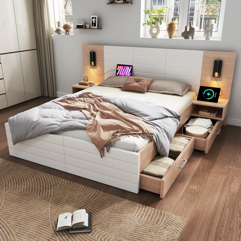 Lit double king effet bois avec 2 tiroirs lampe de lecture avec chargement USB chêne/blanc 180 x 200 cm (sans matelas) Biphraed