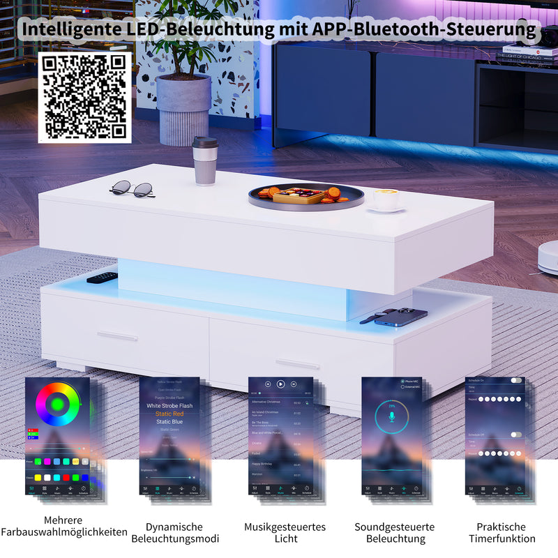 Table basse blanche plateau relevable à hauteur réglable 2 tiroirs et espace de rangement ouvert avec éclairage LED 100*50*44 cm ZAKS WHITE