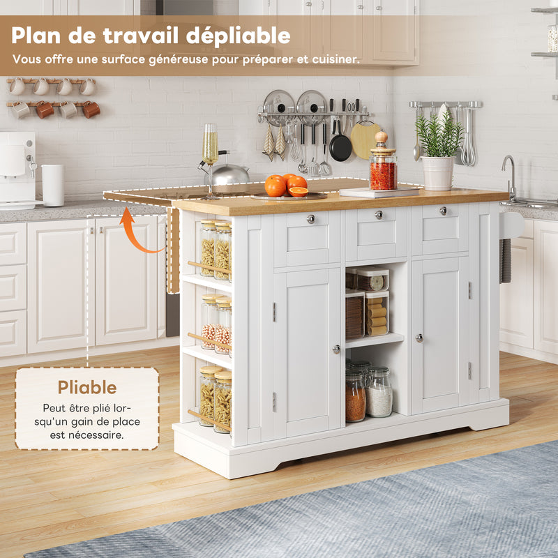 Îlot de cuisine blanc et effet bois avec plateau extensible, rangement et ports USB AMYLOPECT