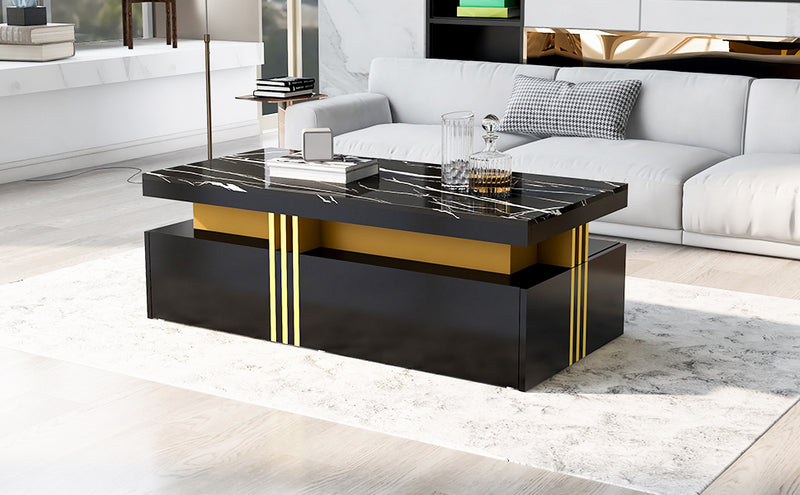 Table basse rectangulaire effet marbre noir brillant avec 2 tiroirs 100*50*40 cm GEVREITS BLACK