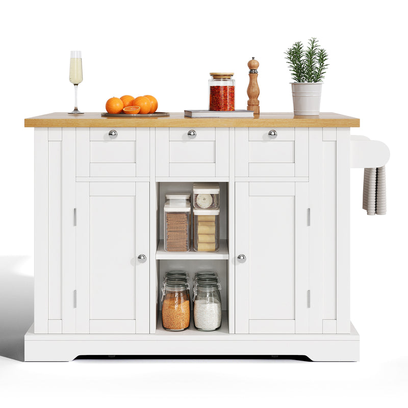 Îlot de cuisine blanc et effet bois avec plateau extensible, rangement et ports USB AMYLOPECT