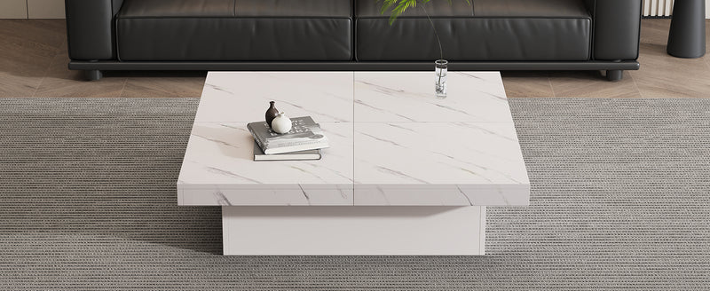 Table basse carrée moderne blanche effet marbre 4 tiroirs plateau coulissant 90x90x25cm Khekried