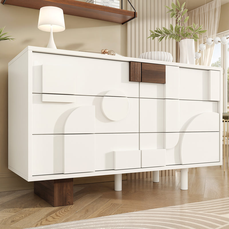 Buffet blanc effet bois façade géométrique en relief 6 tiroirs, porte push-to-pop UMPHU