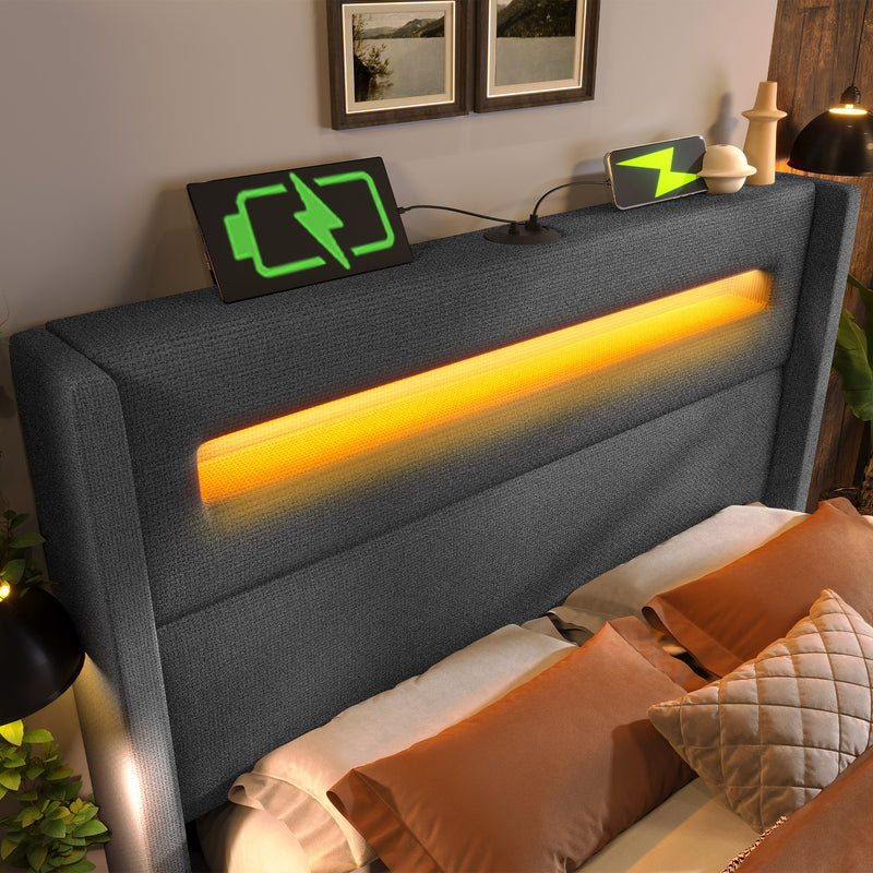 Lit offre queen tissu gris avec éclairage LED et deux prises 160*200cm (matelas non inclus) REDUCE