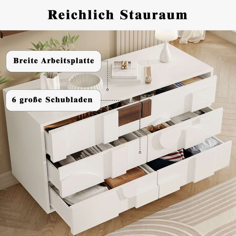 Buffet blanc effet bois façade géométrique en relief 6 tiroirs, porte push-to-pop UMPHU
