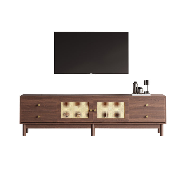 Meuble TV style vintage effet bois noyer avec 2 portes en rotin, 4 tiroirs 180*35*44cm KUQON