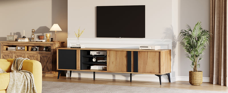 Meuble TV marron rustique effet bois et noir avec porte et compartiment ouvert ICAN