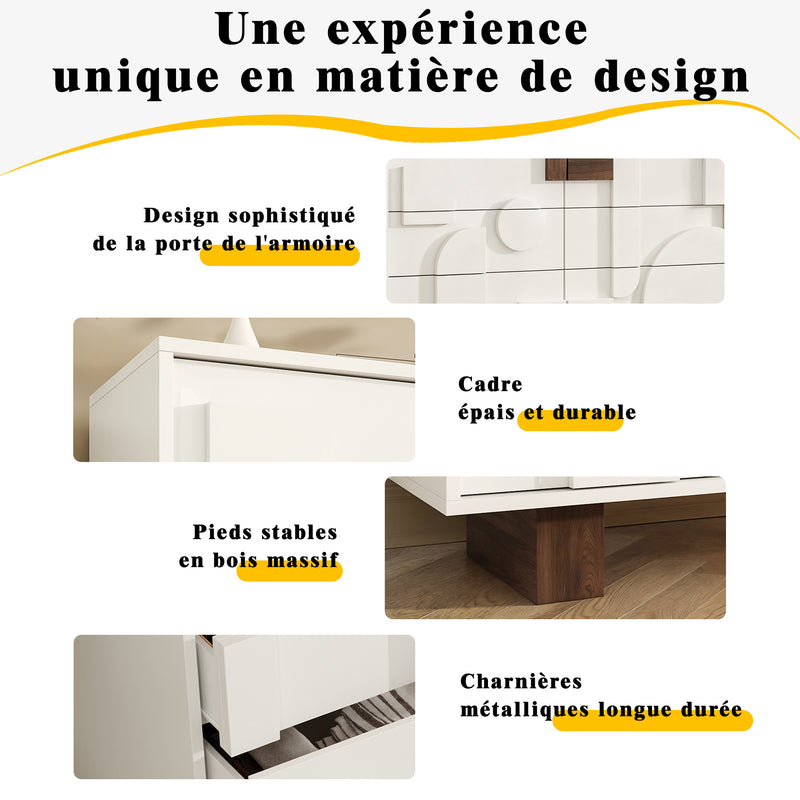 Buffet blanc effet bois façade géométrique en relief 6 tiroirs, porte push-to-pop UMPHU