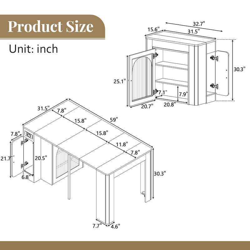 Îlot de cuisine mobile et table à manger extensible avec roulettes, éclairage LED avec prises intégrées (blanc et bois naturel) SALNIED