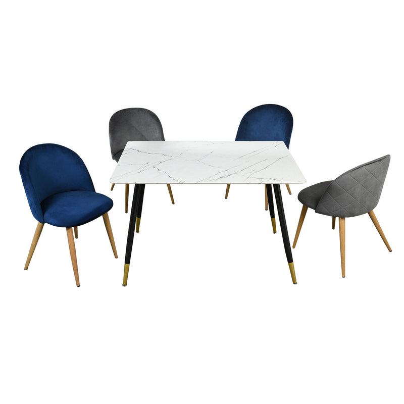 Ensemble table et 4 chaises scandinave effet marbre et velours gris/ bleu marine WHALEN MARBLE TABLE BG+ ZOMBA GREY + ZOMBA DARK BLUE
