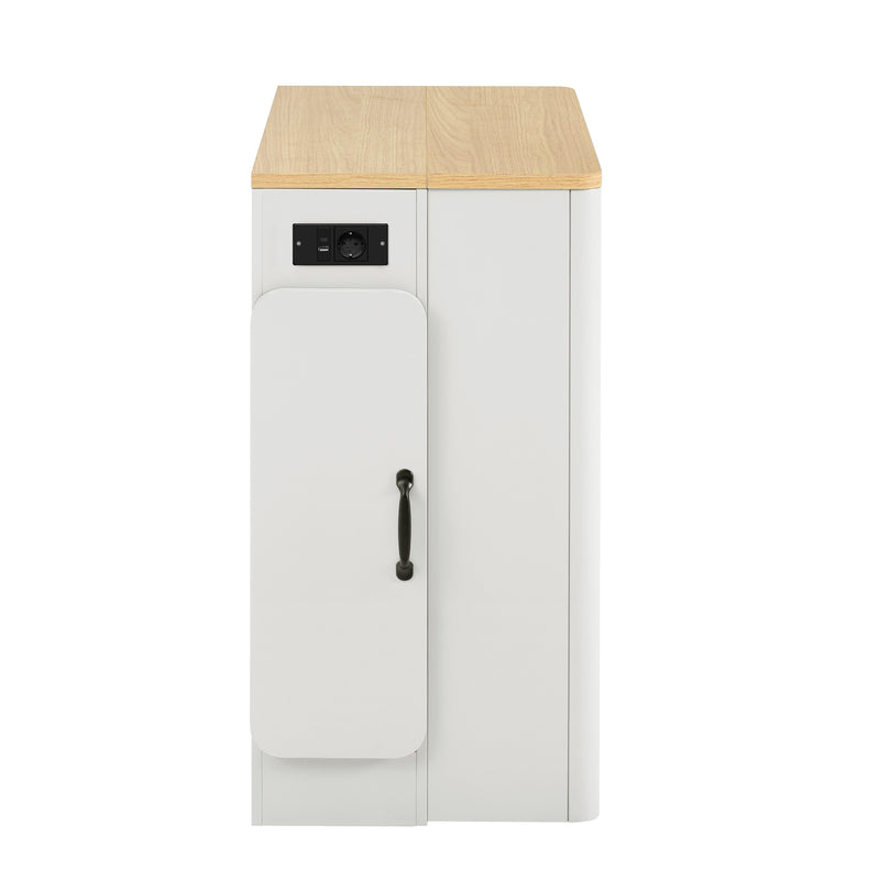 Îlot de cuisine mobile et table à manger extensible avec roulettes, éclairage LED avec prises intégrées (blanc et bois naturel) SALNIED