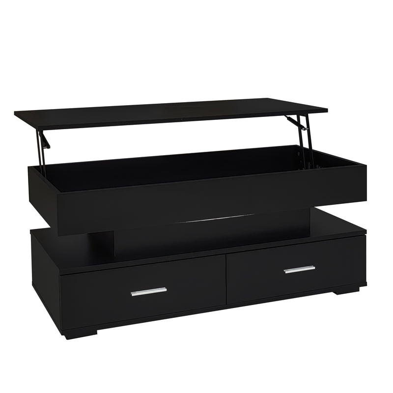 Table basse noir plateau relevable à hauteur réglable 2 tiroirs et espace de rangement ouvert avec éclairage LED 100*50*44 cm ZAKS BLACK