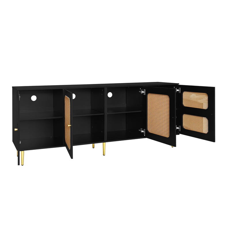 Meuble TV en rotin noir avec 4 portes en rotin, pieds et poignets dorés meubles 180x40x72cm Drezuid