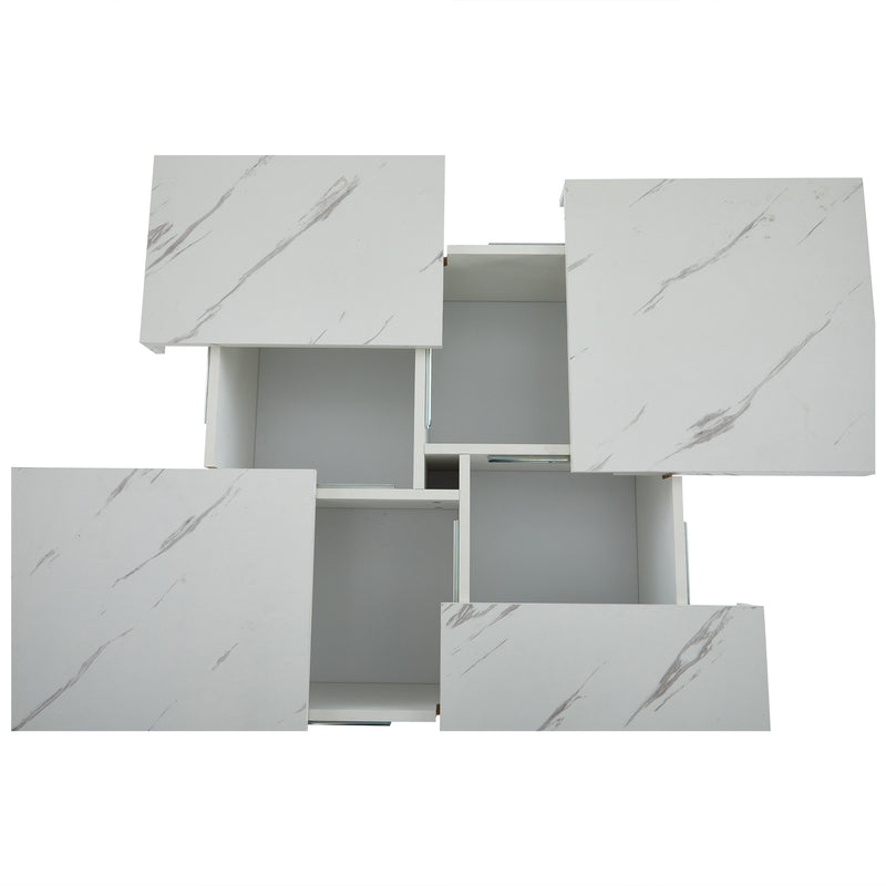 Table basse carrée moderne blanche effet marbre 4 tiroirs plateau coulissant 90x90x25cm Khekried