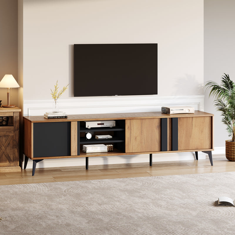 Meuble TV marron rustique effet bois et noir avec porte et compartiment ouvert ICAN