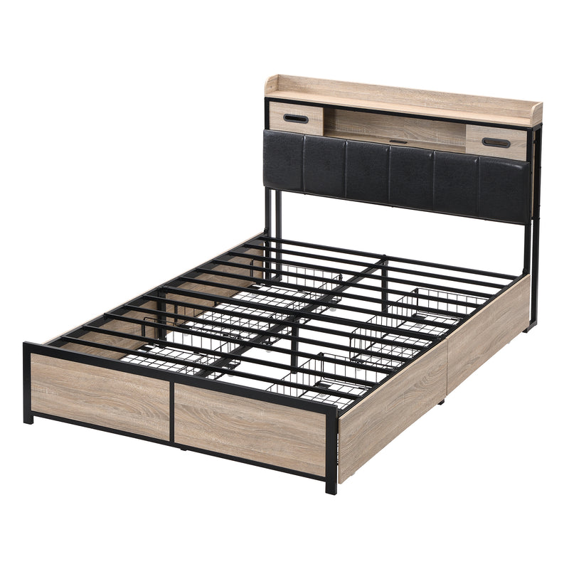 Lit double cadre métallique effet bois chêne avec port USB tête de lit rangement, 4 grands tiroirs sous lit et sommier sans matelas 140*200cm CROKWUN DOUBLE OAK