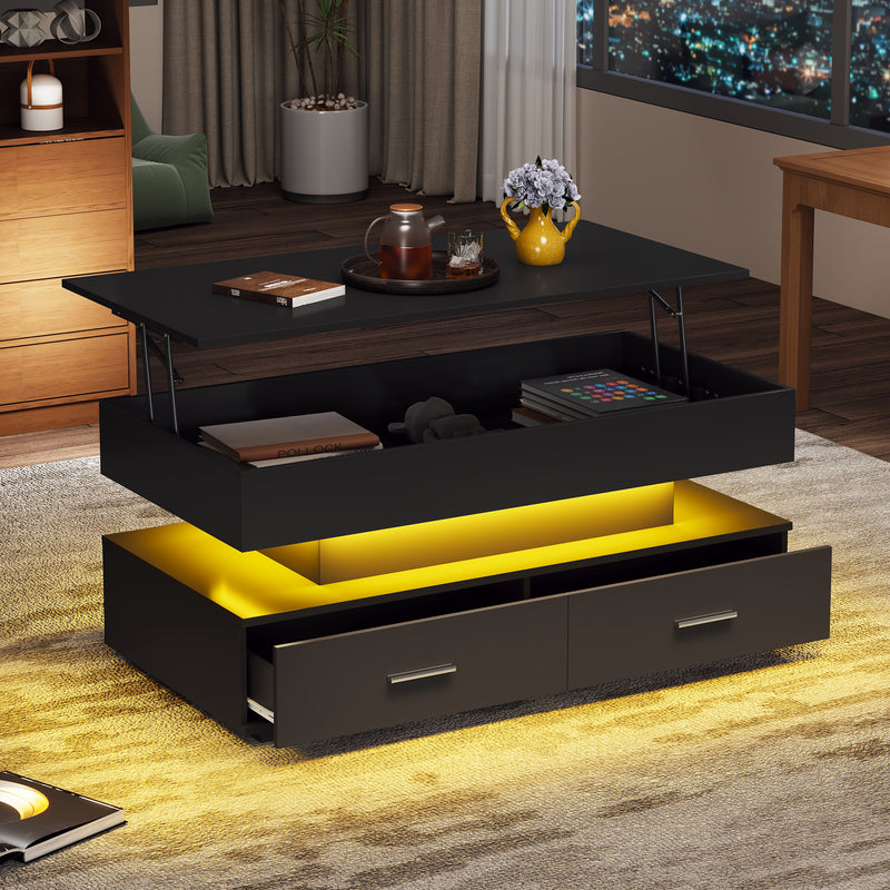 Table basse noir plateau relevable à hauteur réglable 2 tiroirs et espace de rangement ouvert avec éclairage LED 100*50*44 cm ZAKS BLACK