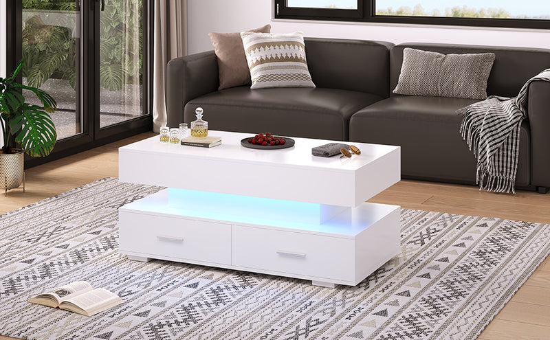 Table basse blanche plateau relevable à hauteur réglable 2 tiroirs et espace de rangement ouvert avec éclairage LED 100*50*44 cm ZAKS WHITE