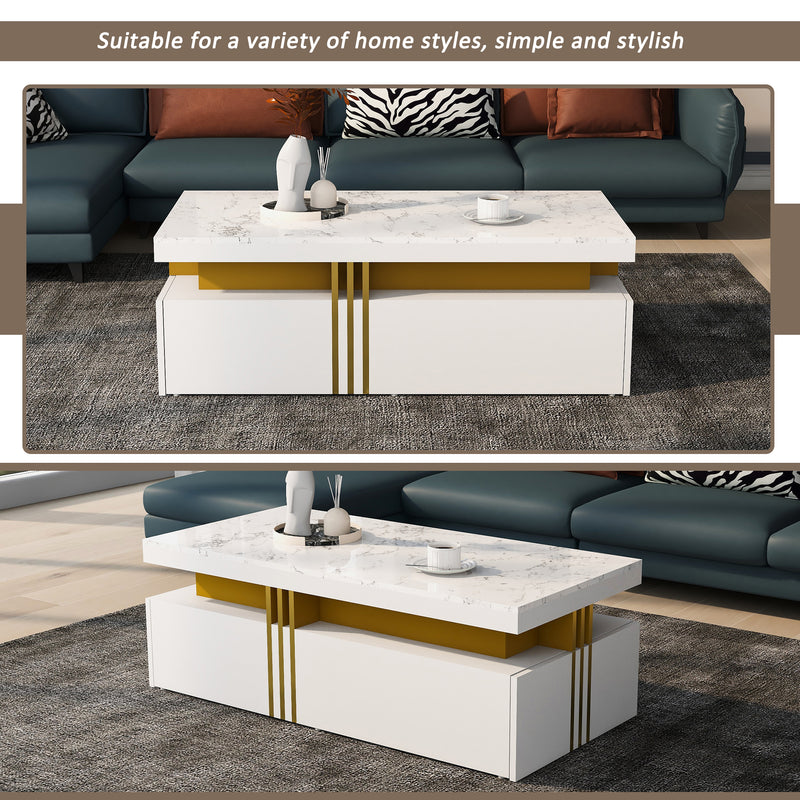 Table basse rectangulaire effet marbre blanche brillante avec 2 tiroirs 100*50*40 cm GEVREITS WHITE