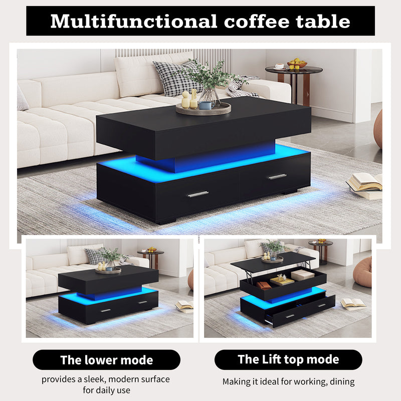 Table basse noir plateau relevable à hauteur réglable 2 tiroirs et espace de rangement ouvert avec éclairage LED 100*50*44 cm ZAKS BLACK